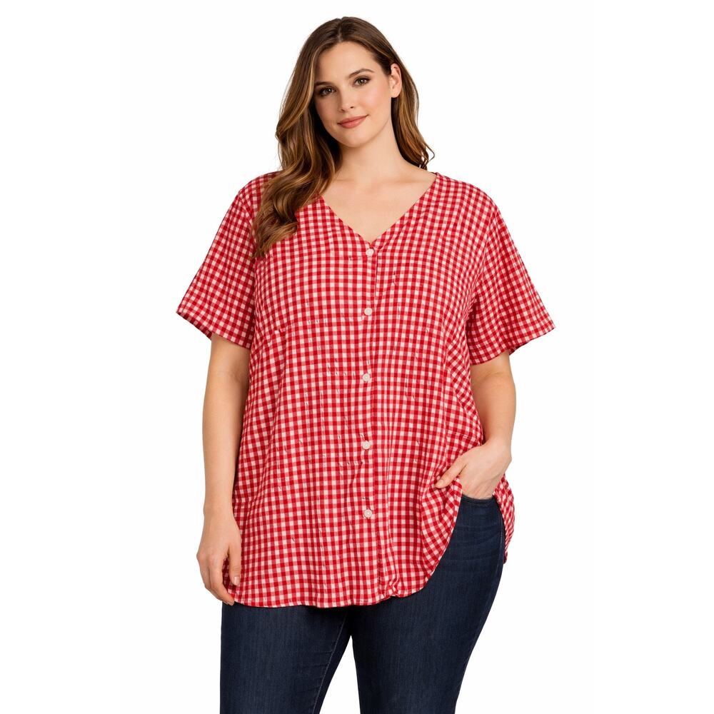 Woman Within Red Gingham 100% Cotton Button Front Blouse Cottage Womens 2x 26/28